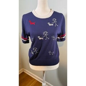 Thom Browne Dachshund Dog Walker Embroidered Cotton Knit Top Size 0 Navy